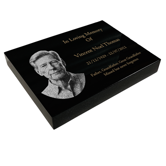 Granite Memorial Tablet, Engraved Photo, Free Personalised Gold Engraving, Polished Black Granite