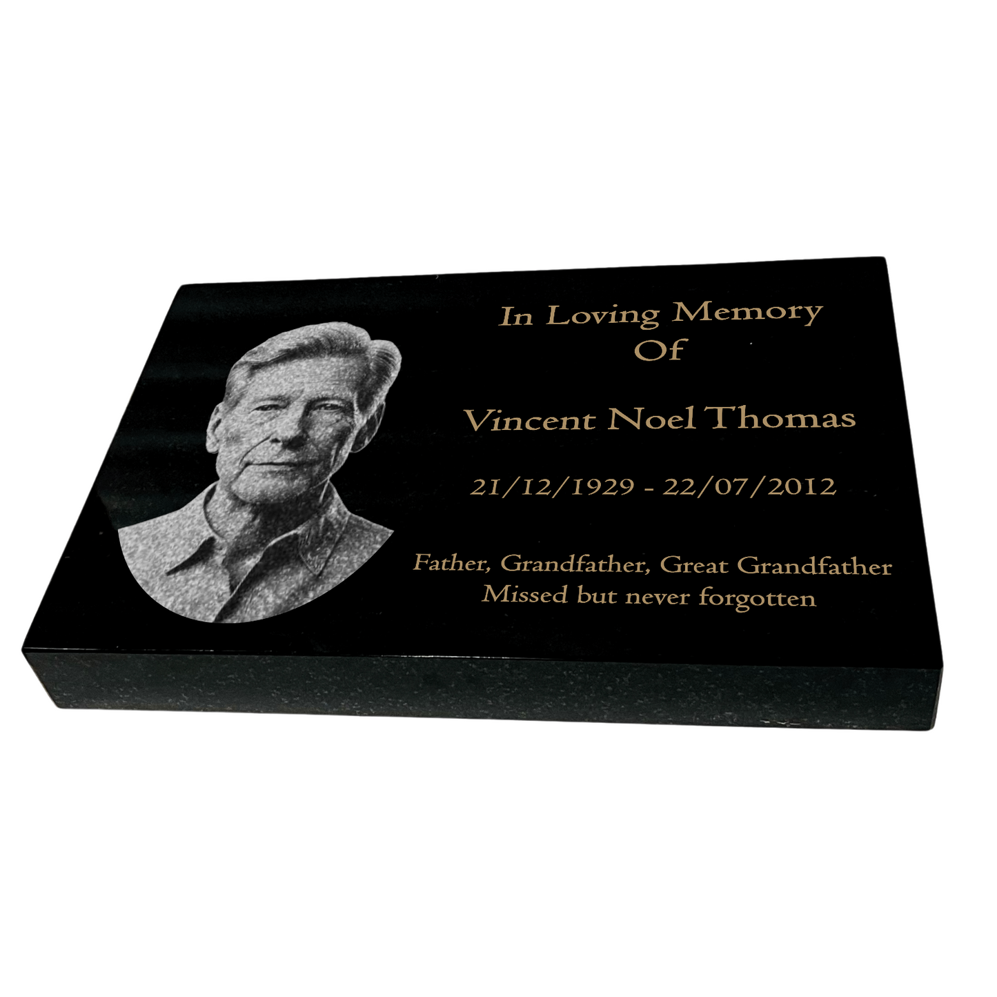 Granite Memorial Tablet, Engraved Photo, Free Personalised Gold Engraving, Polished Black Granite