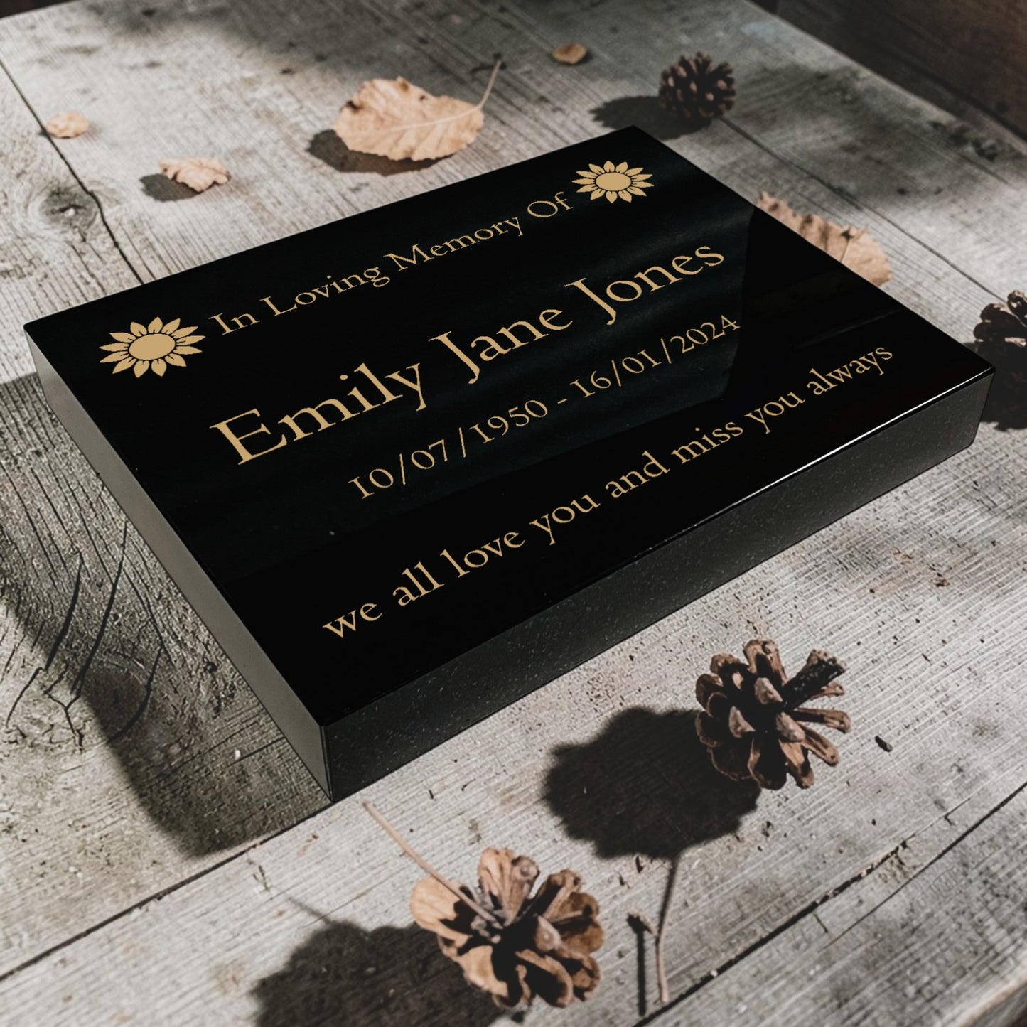 Granite Memorial Tablet with Sunflower Design, Free Personalised Gold Engraving, Polished Black Granite