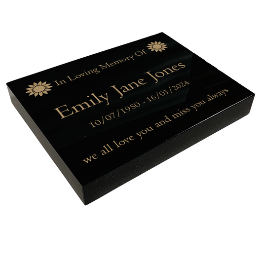 Granite Memorial Tablet with Sunflower Design, Free Personalised Gold Engraving, Polished Black Granite