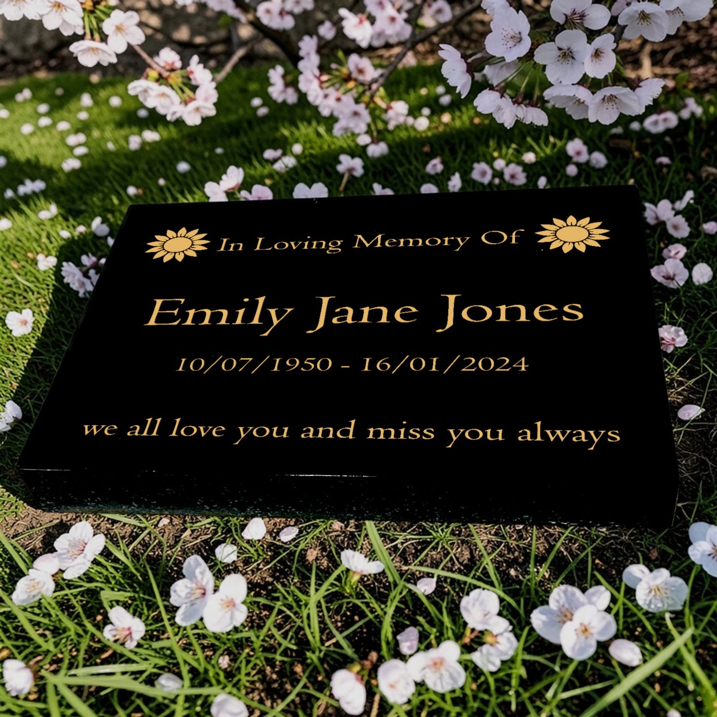 Granite Memorial Tablet with Sunflower Design, Free Personalised Gold Engraving, Polished Black Granite