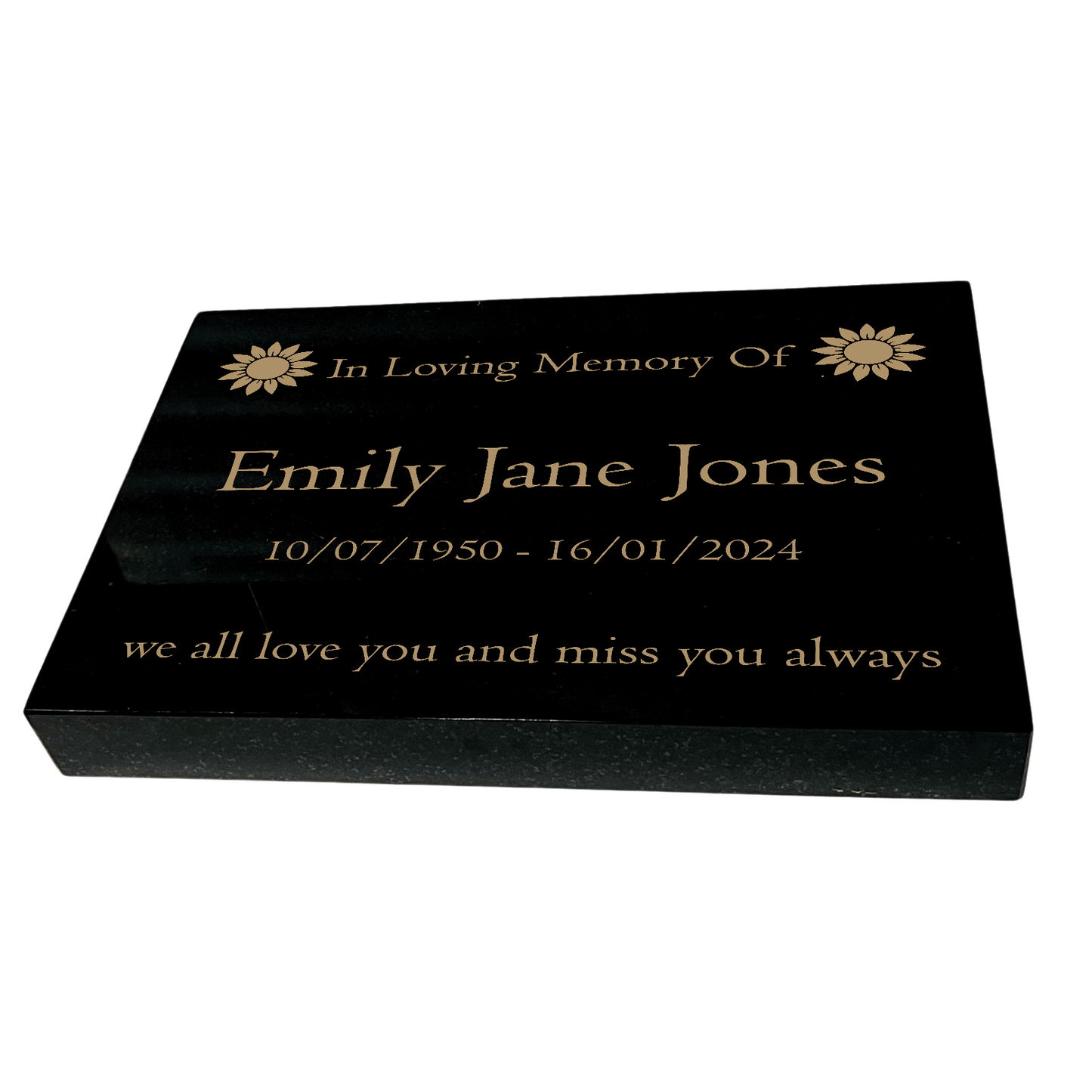 Granite Memorial Tablet with Sunflower Design, Free Personalised Gold Engraving, Polished Black Granite
