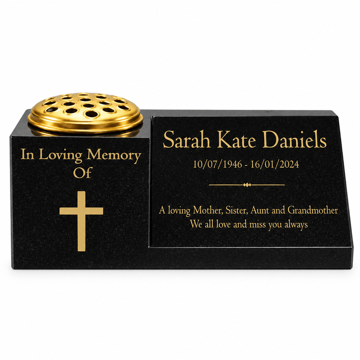 Granite Memorial Vase and Plaque Combination – Cross Design, Solid Granite (16x6x6”) with Flower Pot Insert