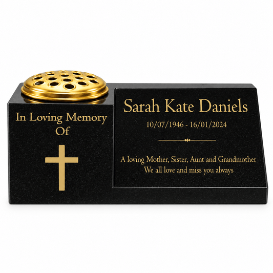 Granite Memorial Vase and Plaque Combination – Cross Design, Solid Granite (16x6x6”) with Flower Pot Insert