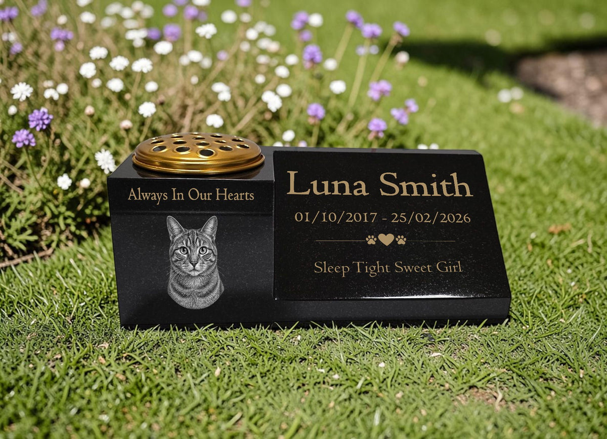 Cat Memorial Granite Photo Vase & Plaque Combination