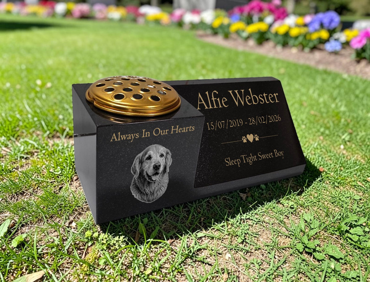 Dog Memorial Granite Photo Vase & Plaque Combination