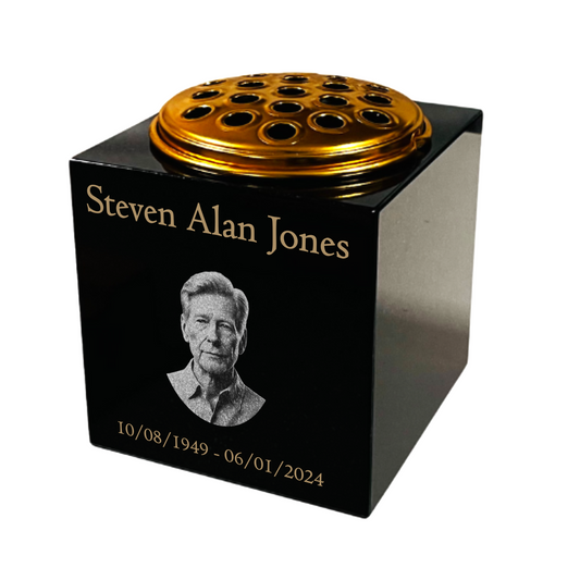 Granite Memorial Vase Engraved Photo Solid Granite Free Personalised Gold Engraving Includes Metal Flower Pot Insert