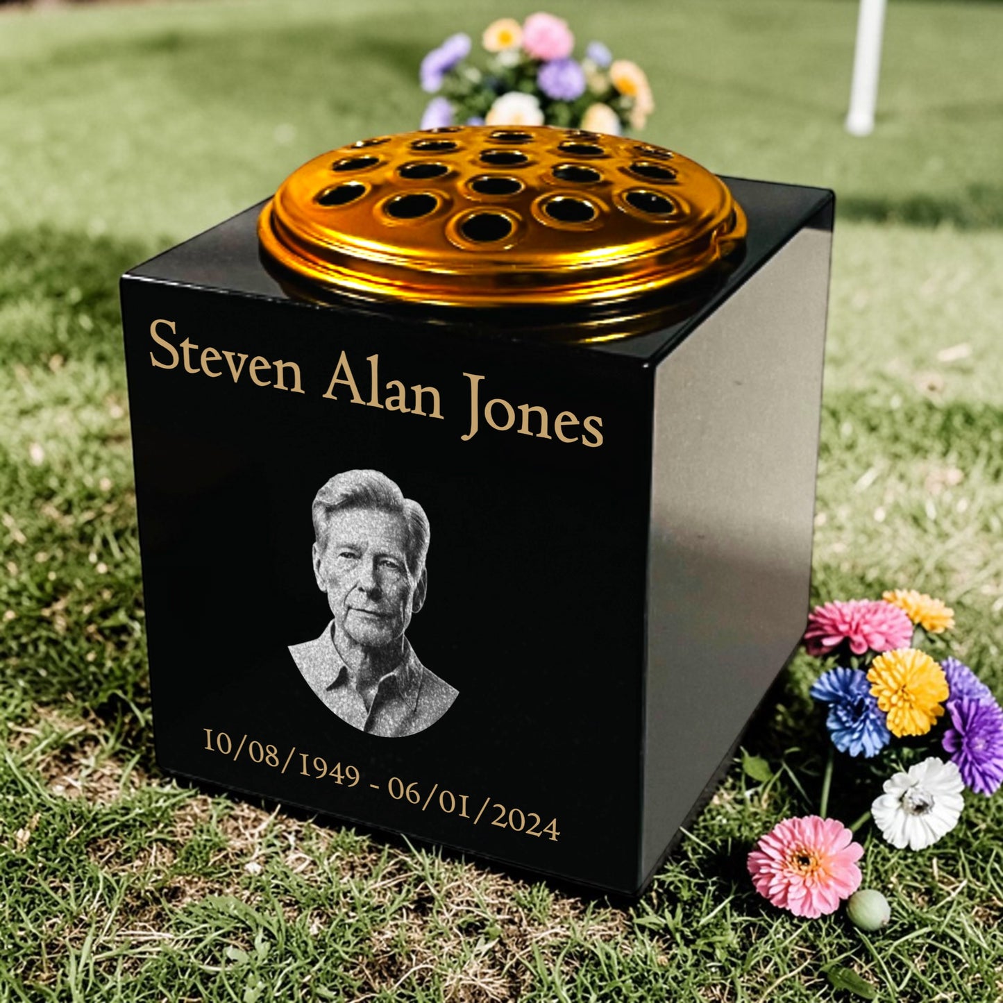 Granite Memorial Vase Engraved Photo Solid Granite Free Personalised Gold Engraving Includes Metal Flower Pot Insert