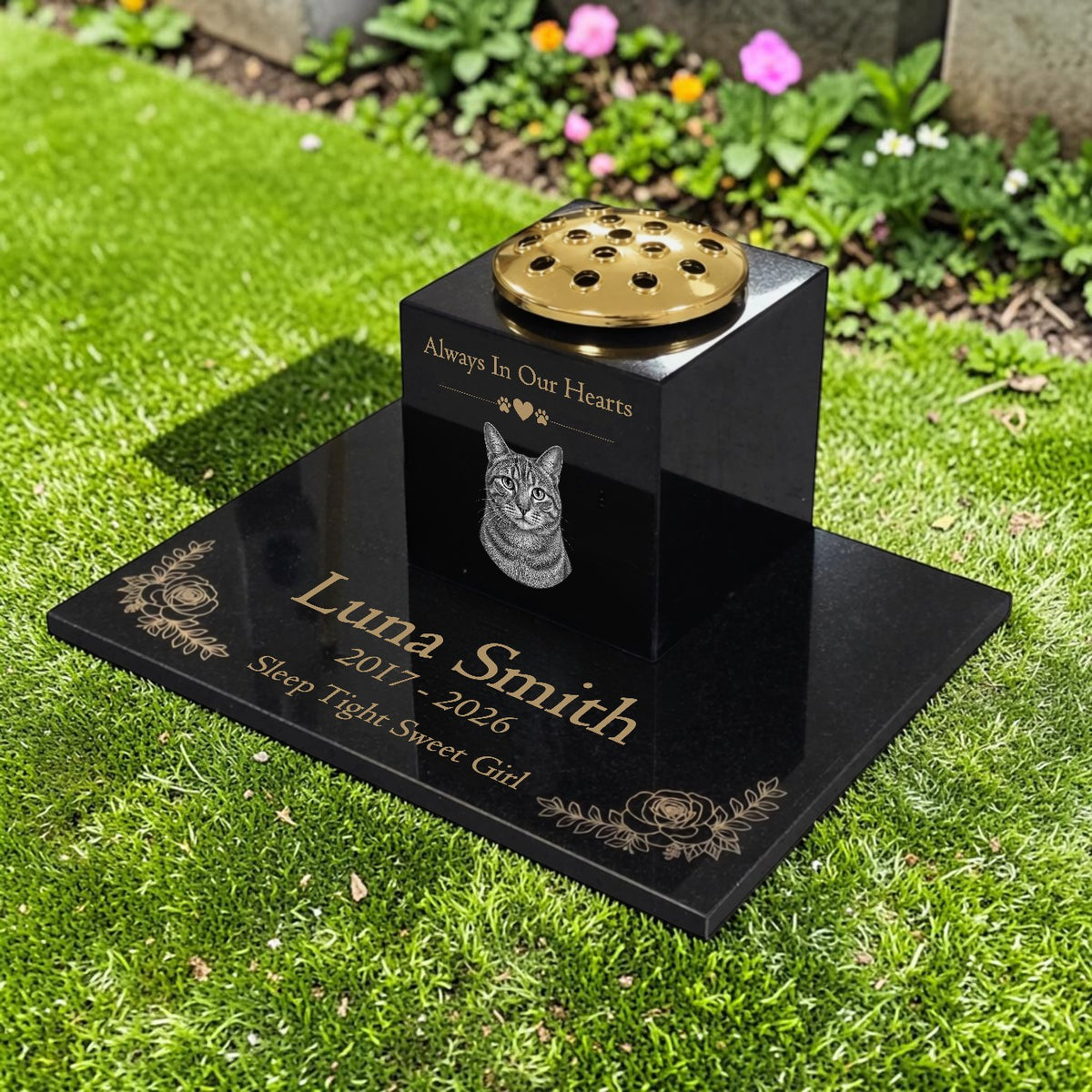 Cat Memorial Granite Photo Vase & Tablet
