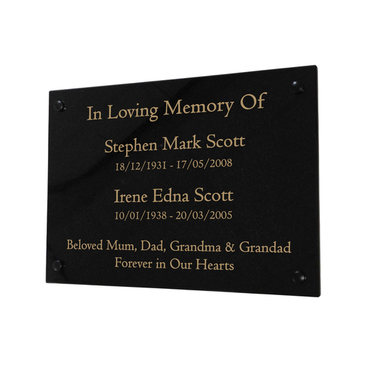Granite Memorial Wall Mounted Plaque for Two Names, Free Personalised Gold Engraving