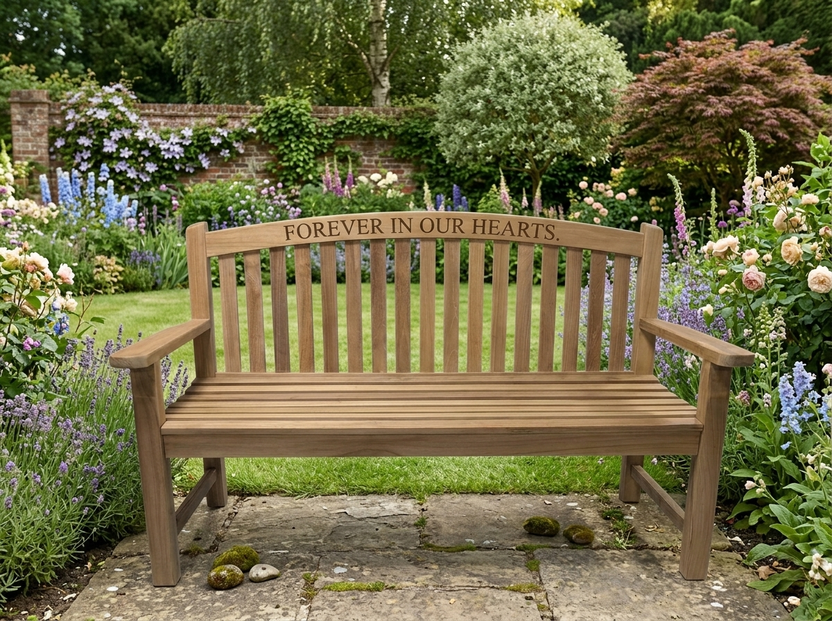 Bowback Teak Memorial Bench – Engraved Directly Into the Wood