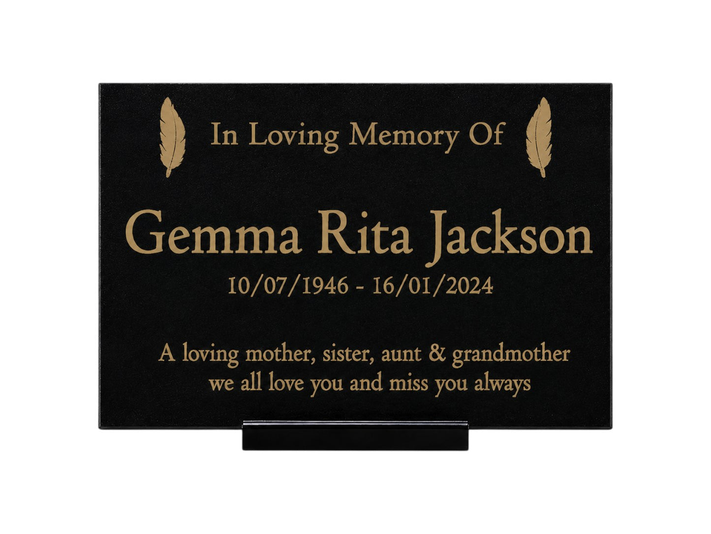 Granite Memorial Plaque, Feather, Personalised, Stand Included