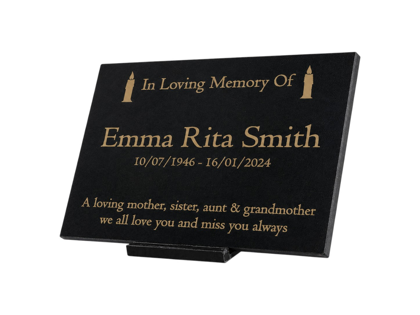 Granite Memorial Plaque, Candle, Stand Included