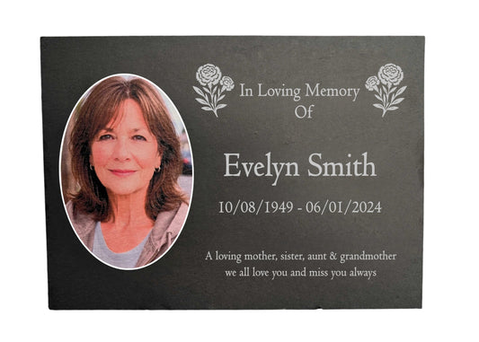 Photo Slate Memorial Plaque,  Carnation, Add a Portrait & Personalised Text | 35×25cm (14×10”)
