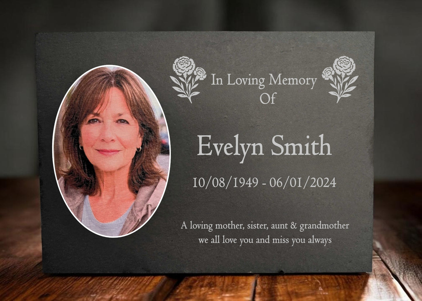 Photo Slate Memorial Plaque,  Carnation, Add a Portrait & Personalised Text | 35×25cm (14×10”)