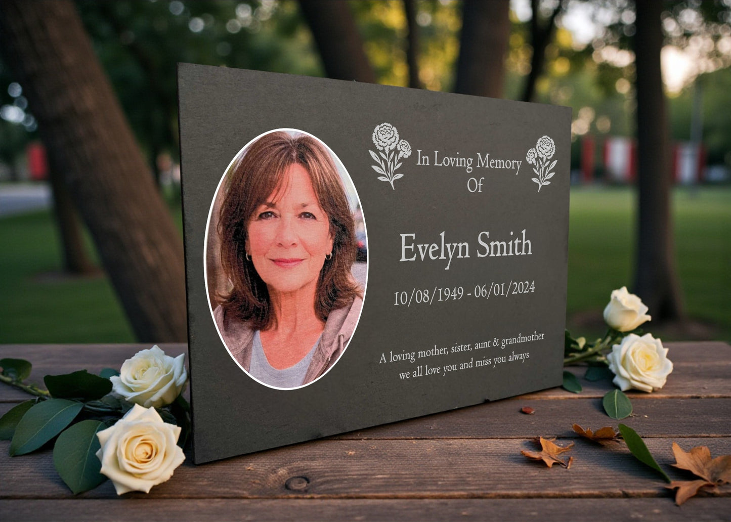 Photo Slate Memorial Plaque,  Carnation, Add a Portrait & Personalised Text | 35×25cm (14×10”)