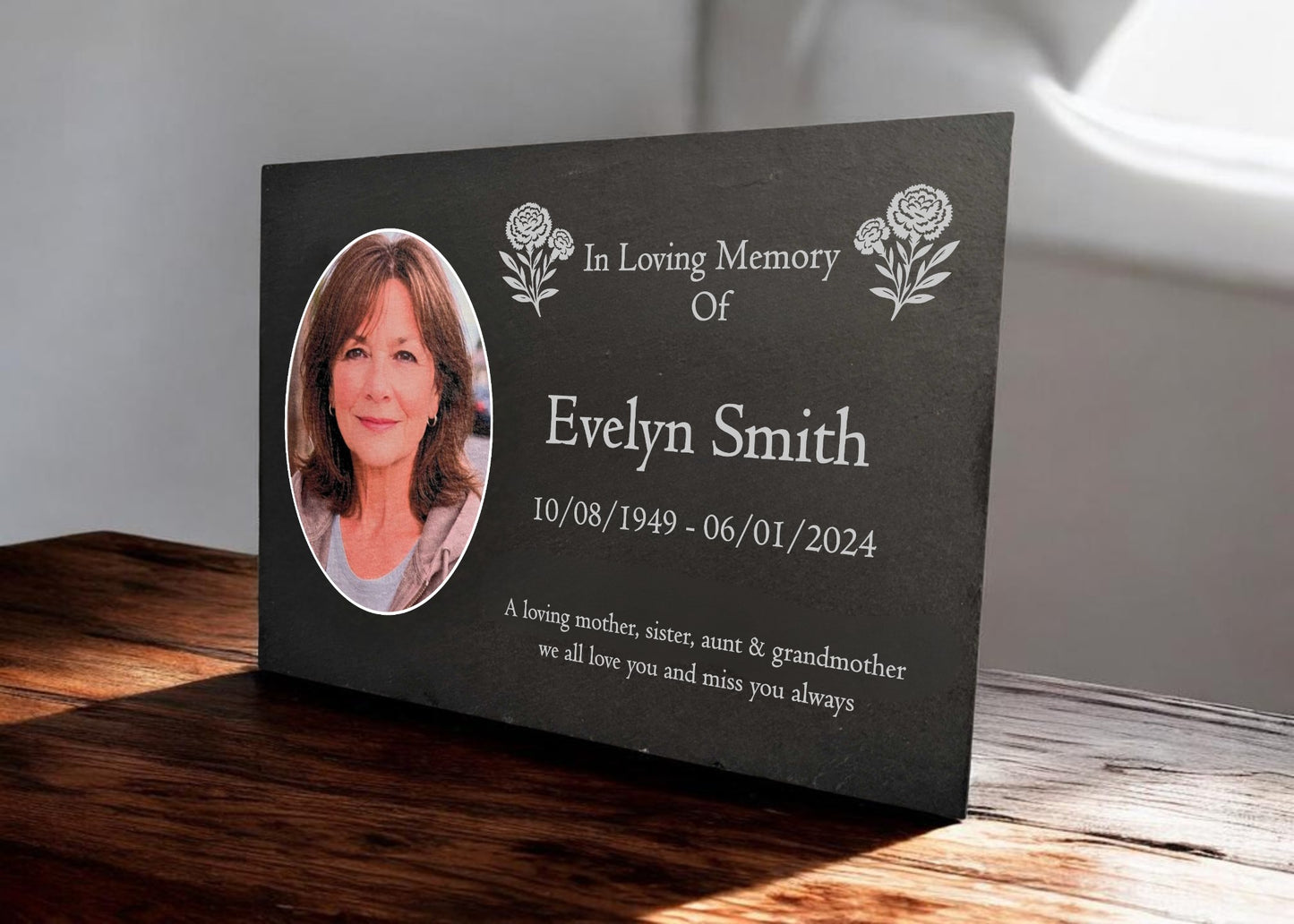 Photo Slate Memorial Plaque,  Carnation, Add a Portrait & Personalised Text | 35×25cm (14×10”)