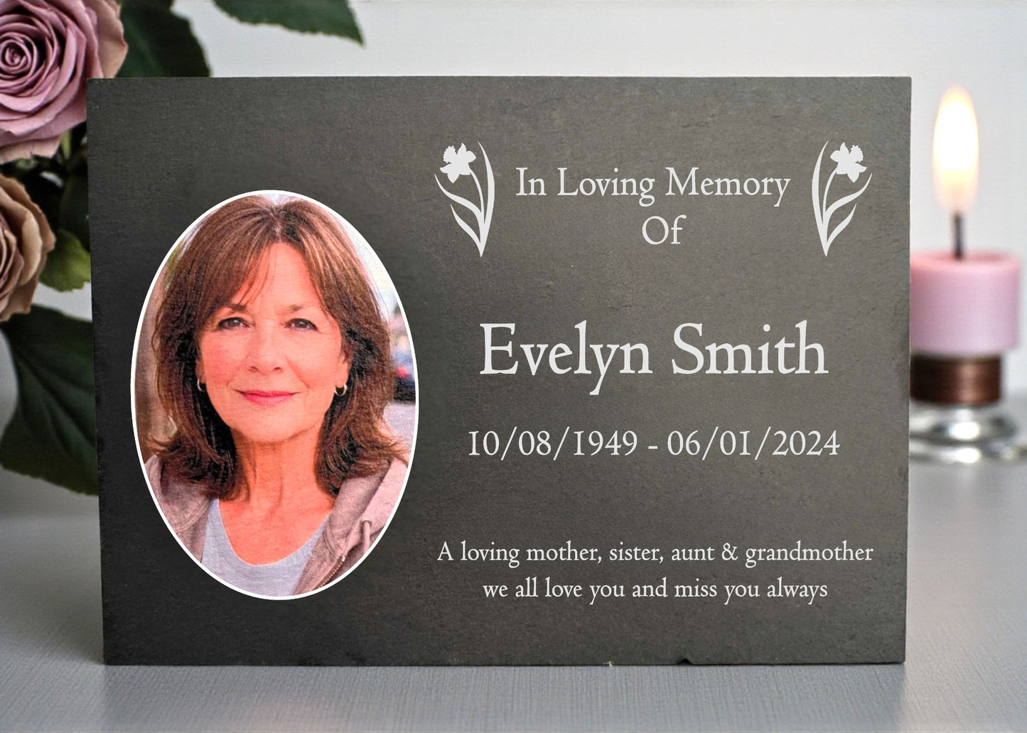 Photo Slate Memorial Plaque, Daffodil, Add a Portrait & Personalised Text | 35×25cm (14×10”)