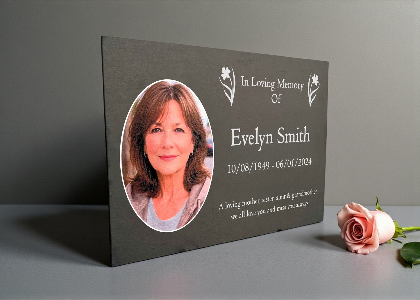 Photo Slate Memorial Plaque, Daffodil, Add a Portrait & Personalised Text | 35×25cm (14×10”)