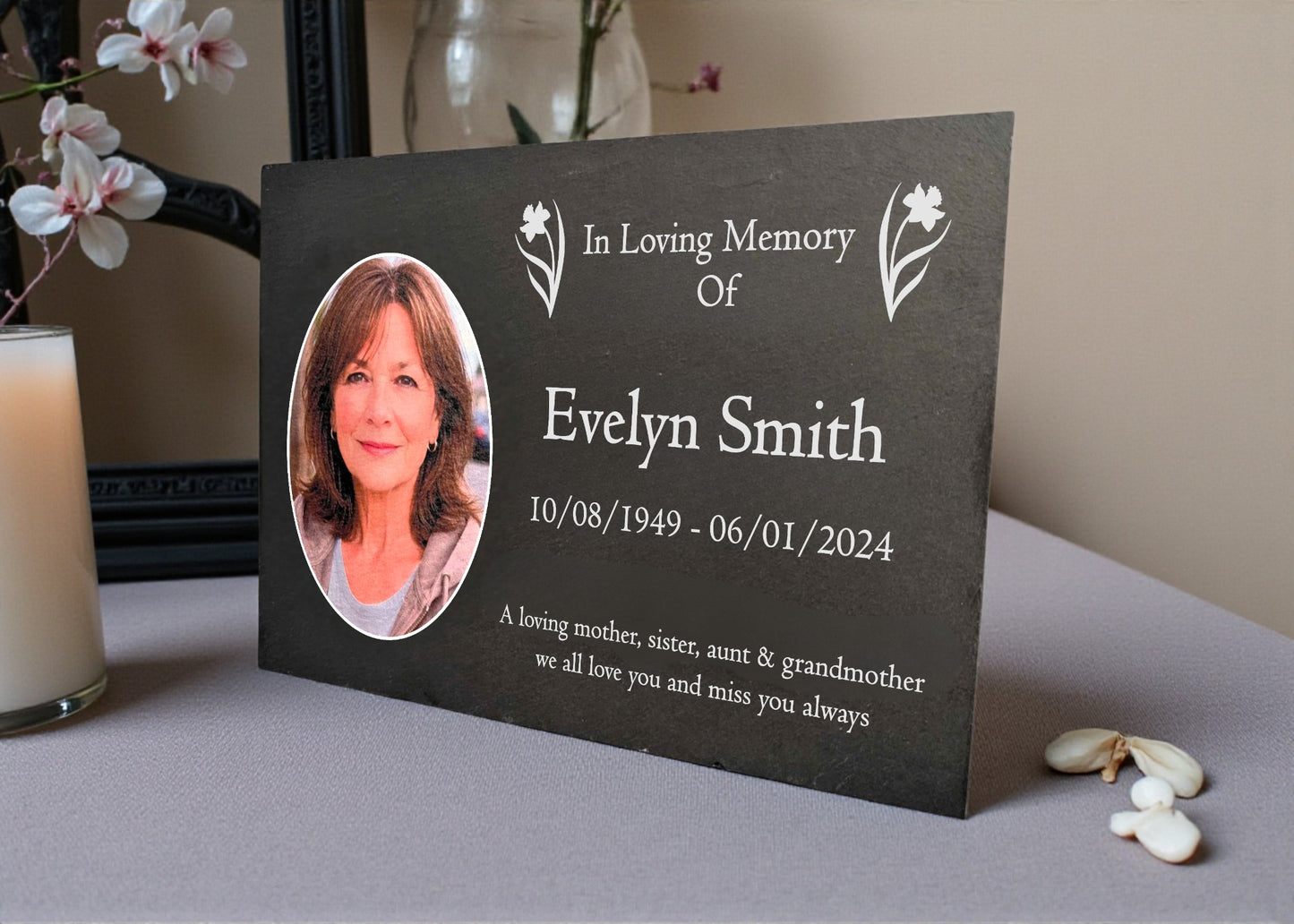 Photo Slate Memorial Plaque, Daffodil, Add a Portrait & Personalised Text | 35×25cm (14×10”)