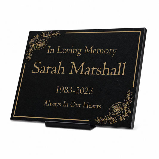 Granite Memorial Plaque, Floral Border, Stand Included