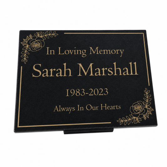 Granite Memorial Plaque, Floral Border, Stand Included