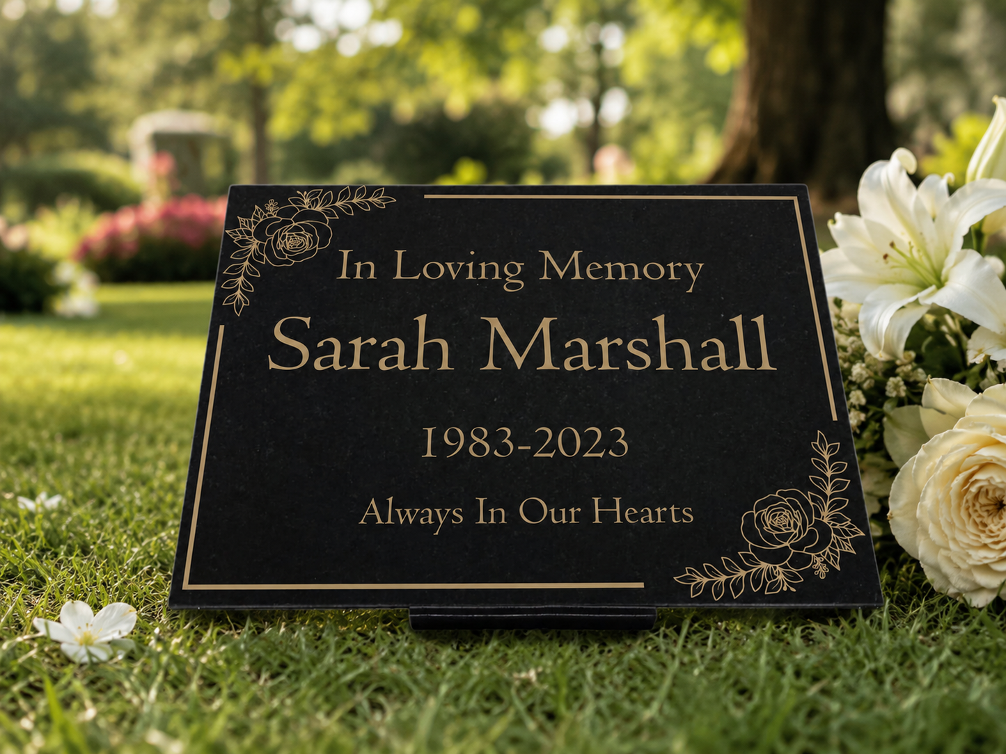 Granite Memorial Plaque, Floral Border Design, Personalised Engraved Tribute