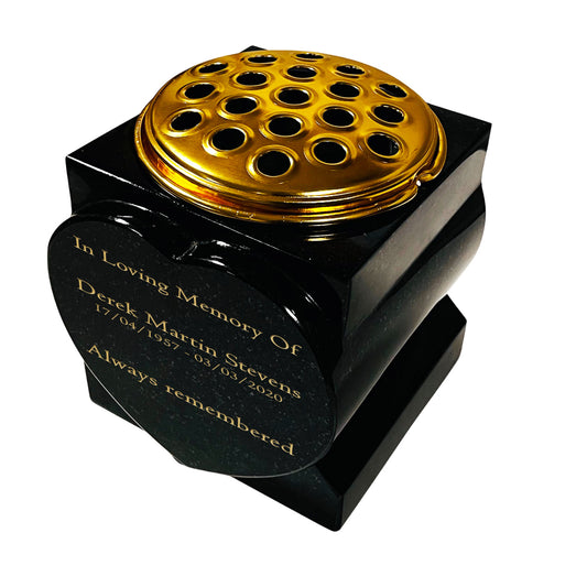 Granite Heart-Shaped Vase- Premium Black with Gold Metal Flower Pot Insert – 6x6x6 Inches