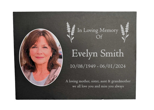 Photo Slate Memorial Plaque,  Lavender, Add a Portrait & Personalised Text | 35×25cm (14×10”)