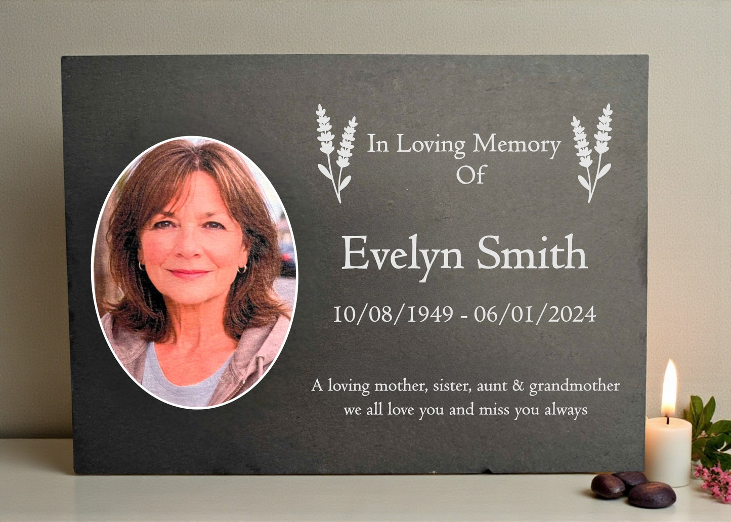 Photo Slate Memorial Plaque,  Lavender, Add a Portrait & Personalised Text | 35×25cm (14×10”)