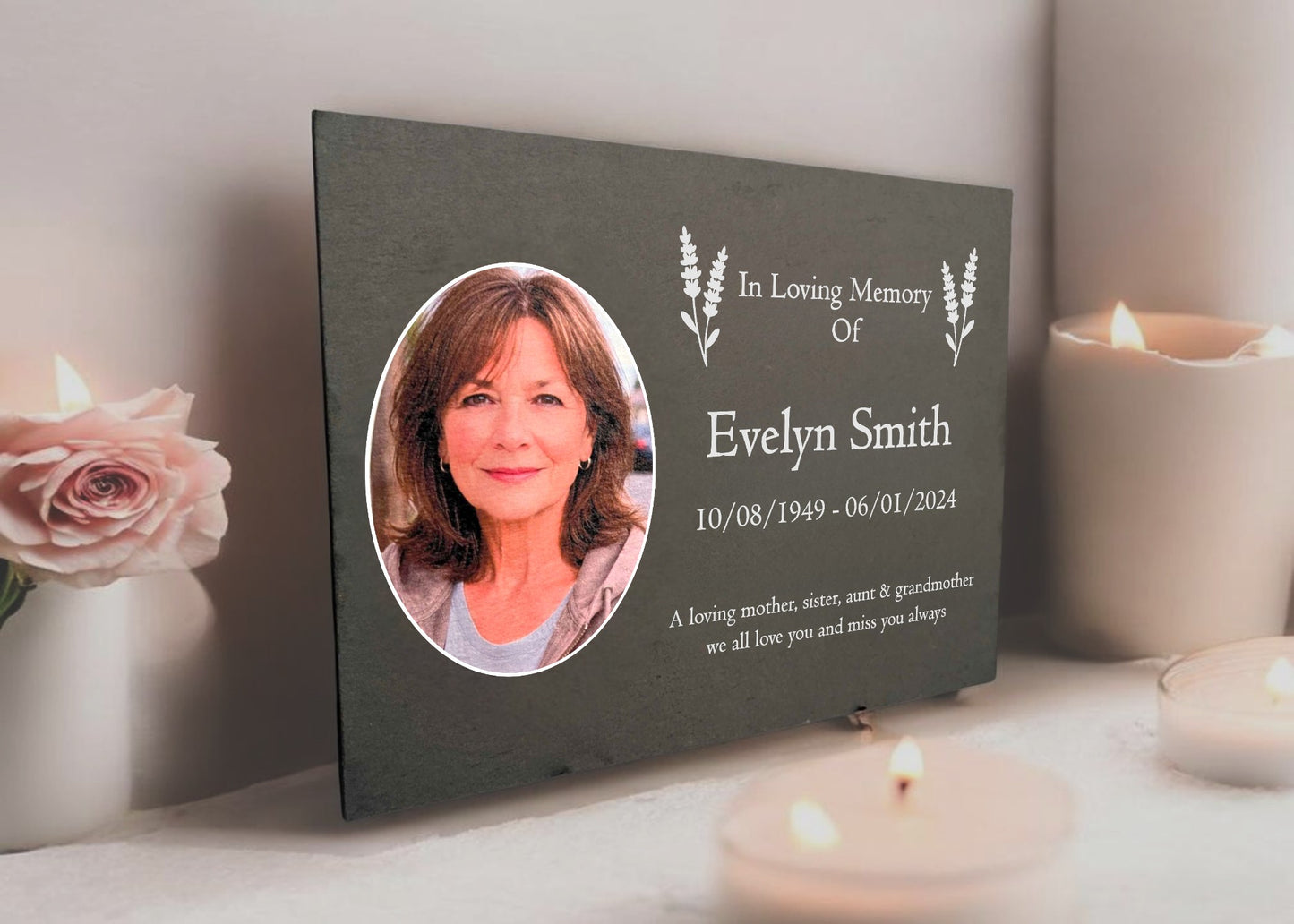 Photo Slate Memorial Plaque,  Lavender, Add a Portrait & Personalised Text | 35×25cm (14×10”)