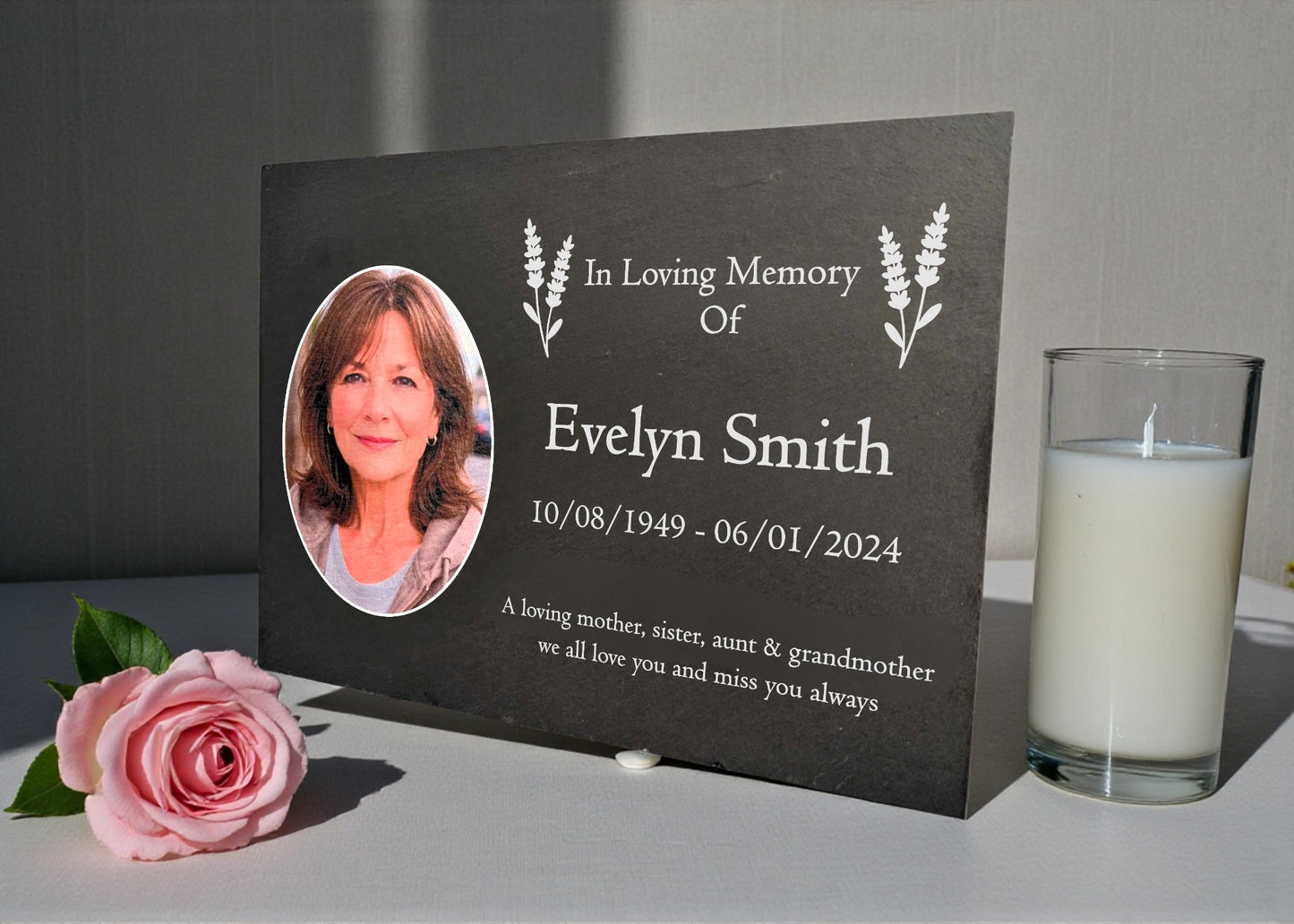 Photo Slate Memorial Plaque,  Lavender, Add a Portrait & Personalised Text | 35×25cm (14×10”)