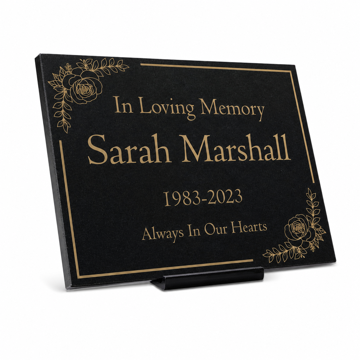 Granite Memorial Plaque, Floral Border Design, Personalised Engraved Tribute
