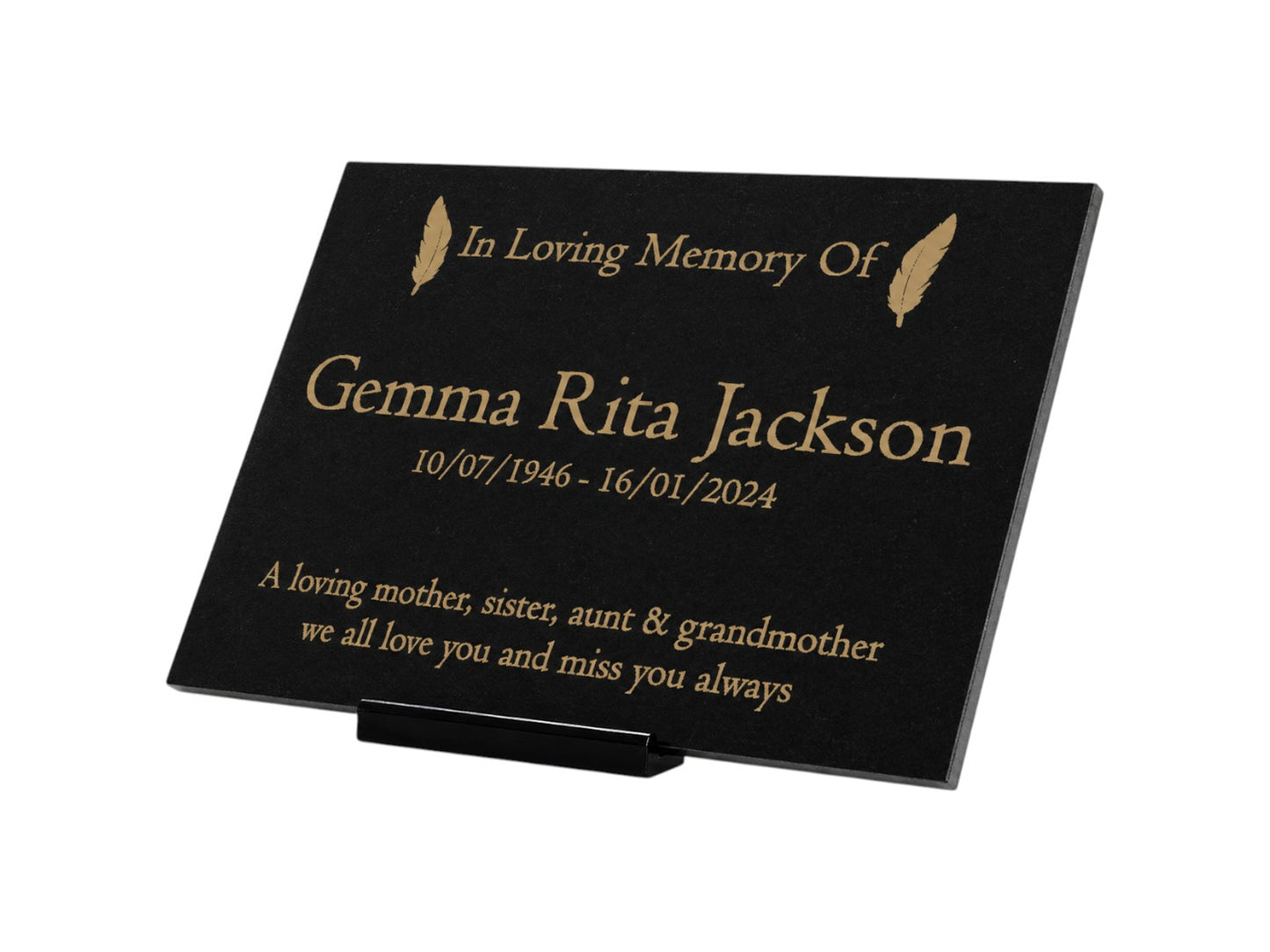 Granite Memorial Plaque, Feather, Personalised, Stand Included