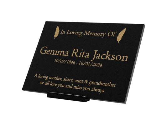 Granite Memorial Plaque, Feather, Personalised, Stand Included