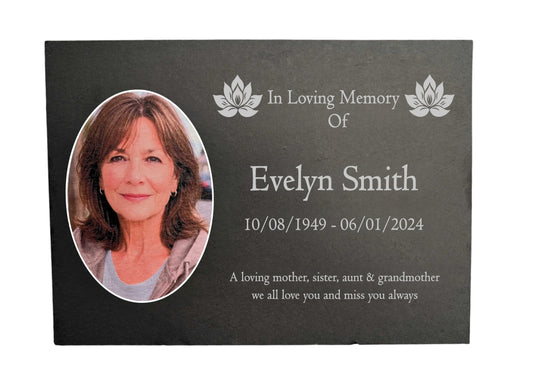 Photo Slate Memorial Plaque, Lotus, Add a Portrait & Personalised Text | 35×25cm (14×10”)