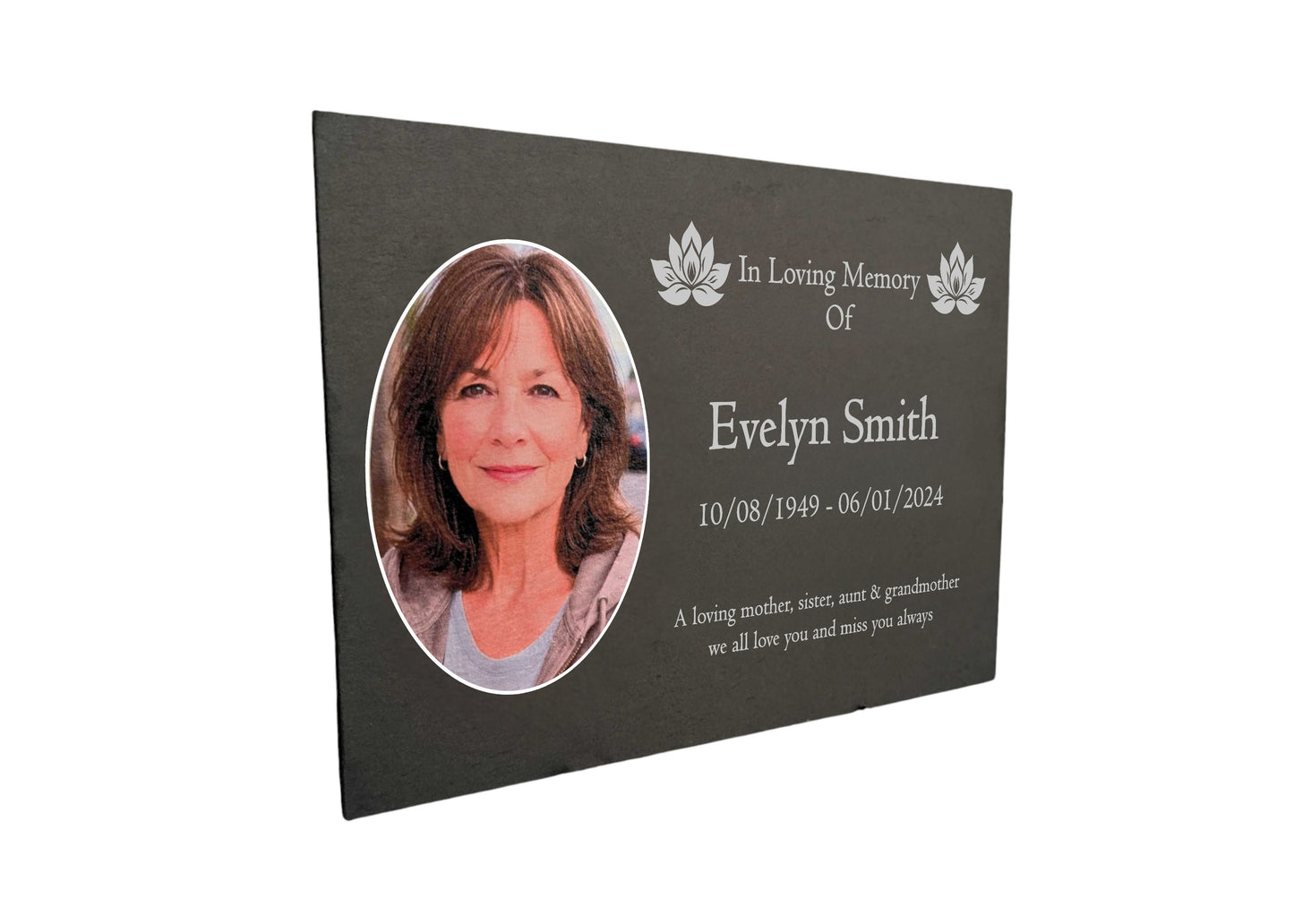 Photo Slate Memorial Plaque, Lotus, Add a Portrait & Personalised Text | 35×25cm (14×10”)