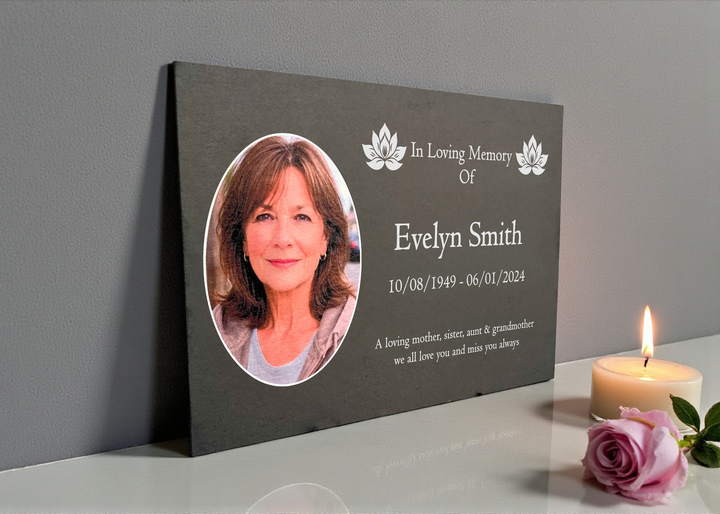 Photo Slate Memorial Plaque, Lotus, Add a Portrait & Personalised Text | 35×25cm (14×10”)