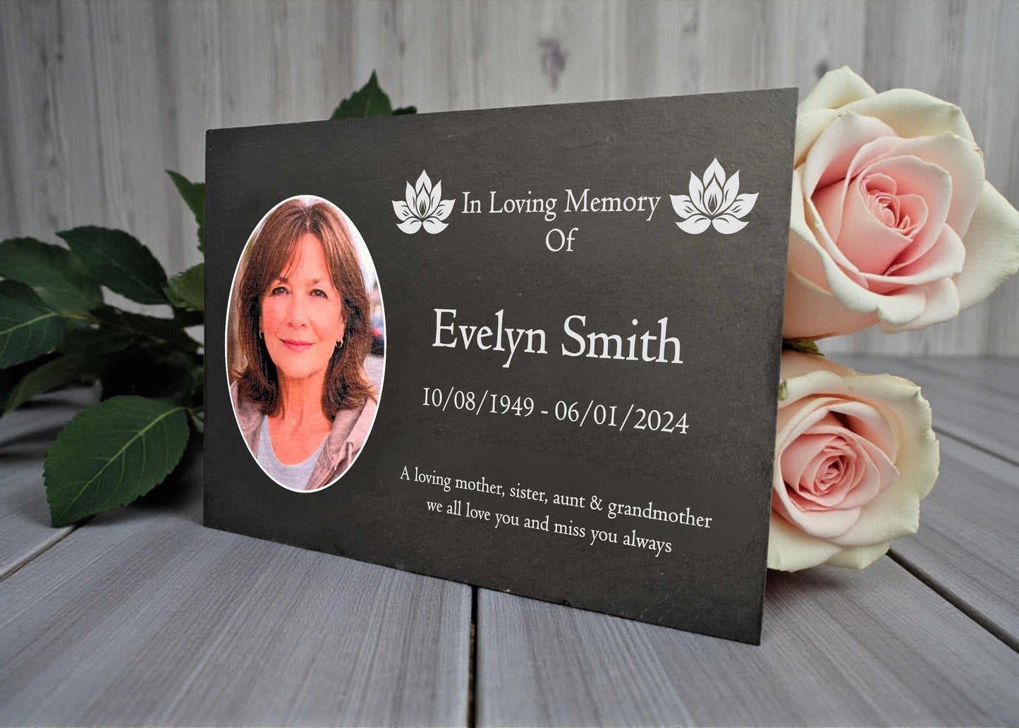 Photo Slate Memorial Plaque, Lotus, Add a Portrait & Personalised Text | 35×25cm (14×10”)