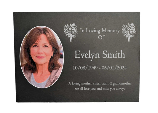 Photo Slate Memorial Plaque, Mixed Flowers, Add a Portrait & Personalised Text | 35×25cm (14×10”)