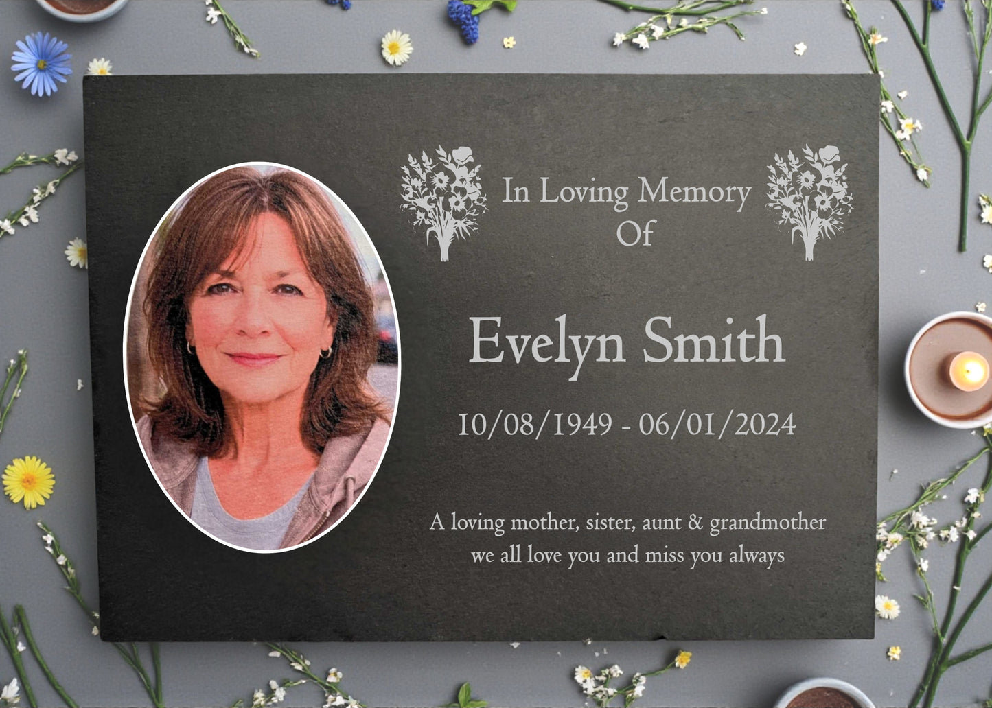Photo Slate Memorial Plaque, Mixed Flowers, Add a Portrait & Personalised Text | 35×25cm (14×10”)