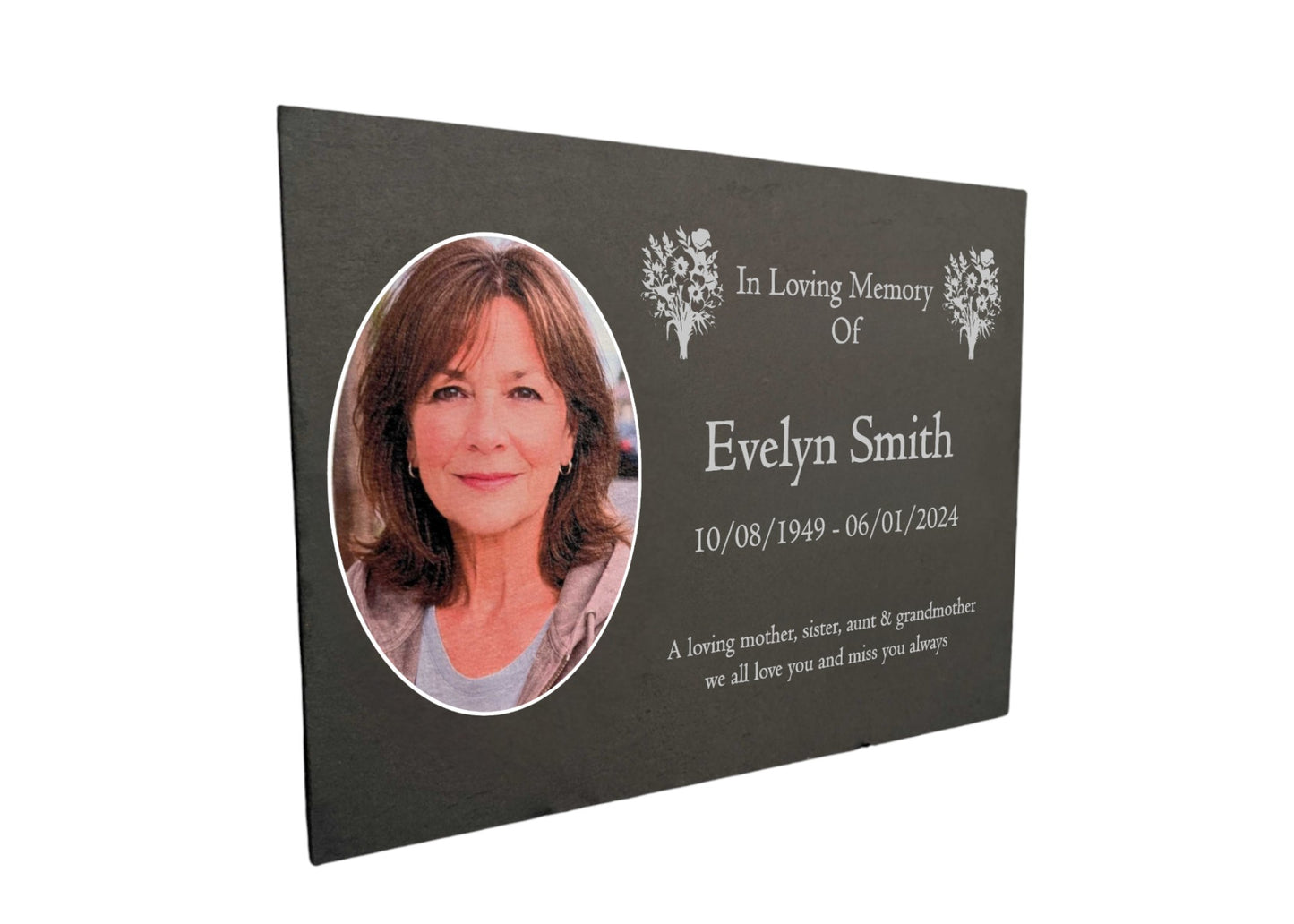 Photo Slate Memorial Plaque, Mixed Flowers, Add a Portrait & Personalised Text | 35×25cm (14×10”)