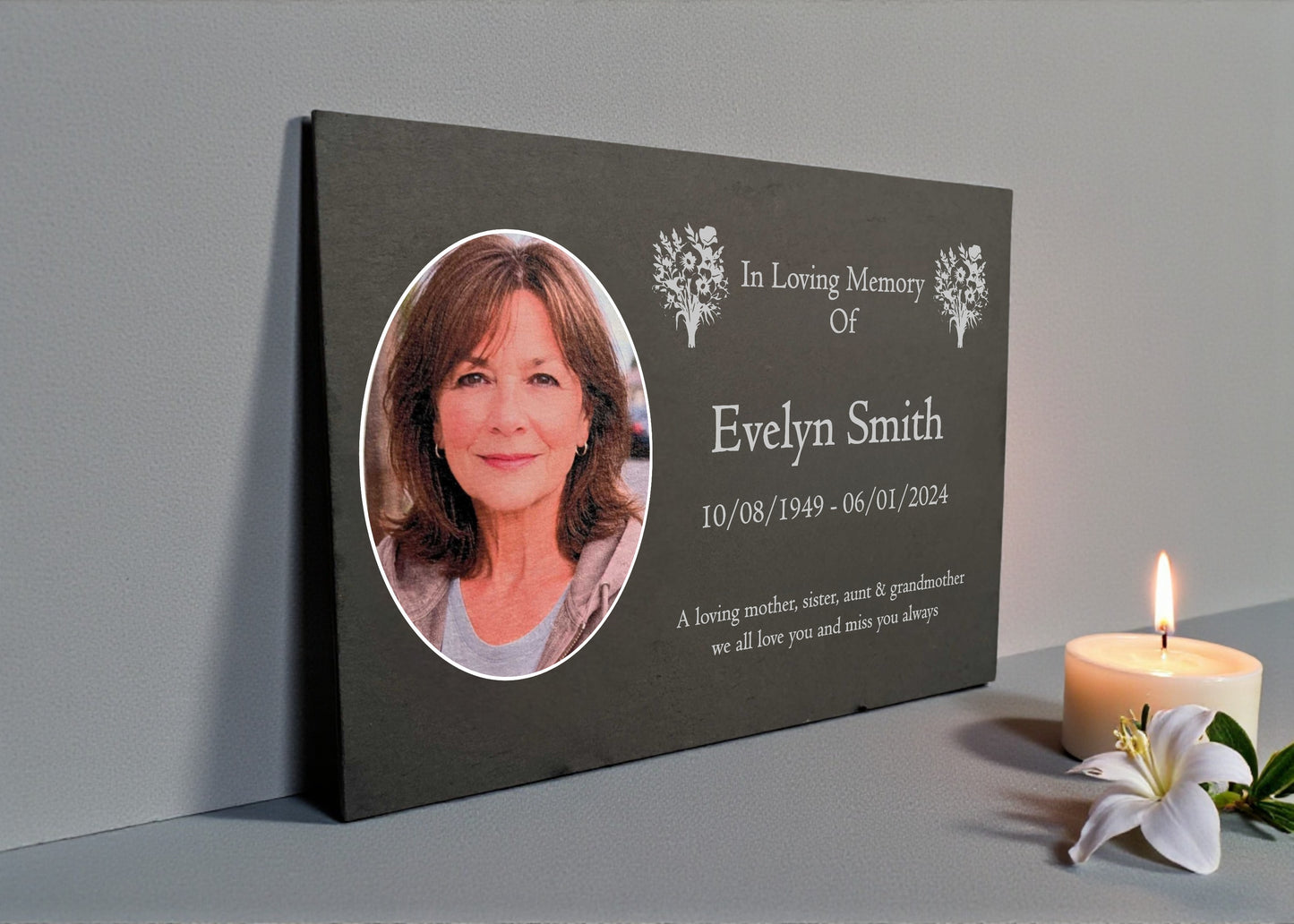 Photo Slate Memorial Plaque, Mixed Flowers, Add a Portrait & Personalised Text | 35×25cm (14×10”)
