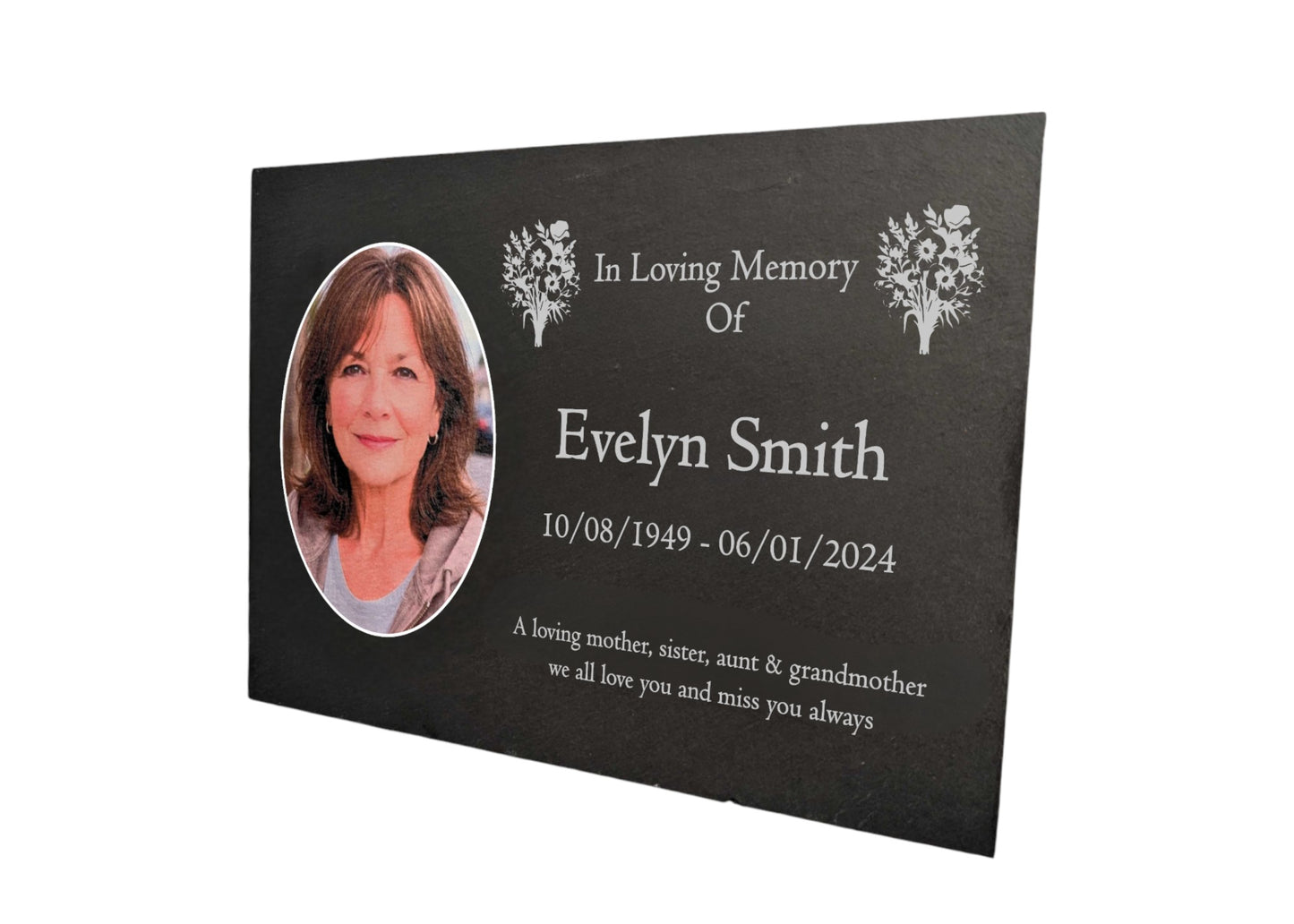 Photo Slate Memorial Plaque, Mixed Flowers, Add a Portrait & Personalised Text | 35×25cm (14×10”)