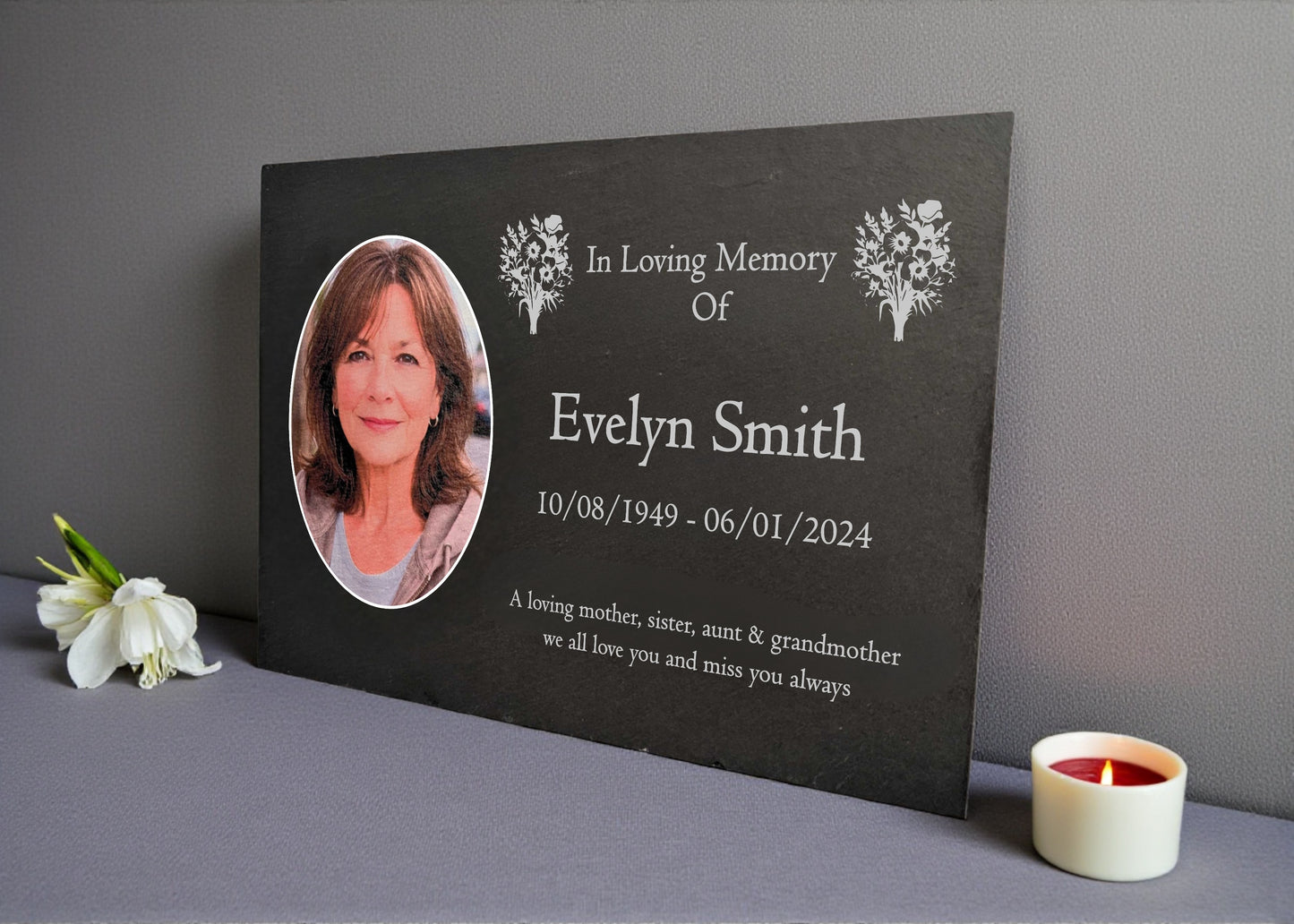 Photo Slate Memorial Plaque, Mixed Flowers, Add a Portrait & Personalised Text | 35×25cm (14×10”)