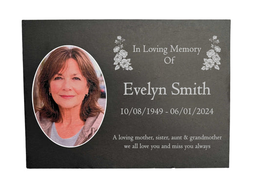 Photo Slate Memorial Plaque, Peony,  Add a Portrait & Personalised Text | 35×25cm (14×10”)