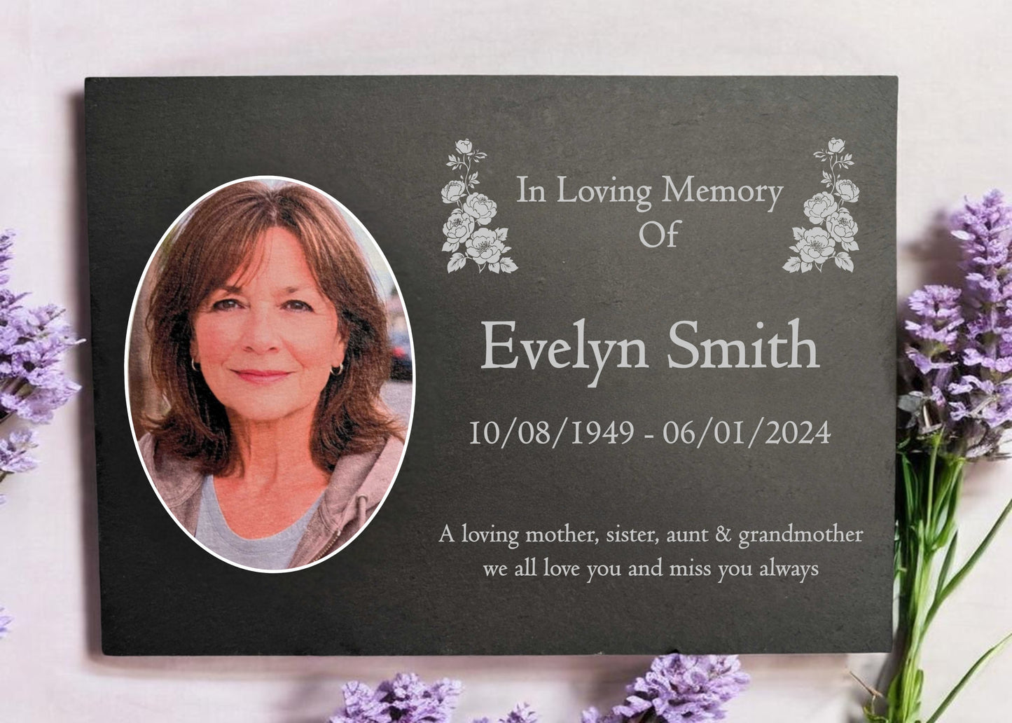 Photo Slate Memorial Plaque, Peony,  Add a Portrait & Personalised Text | 35×25cm (14×10”)