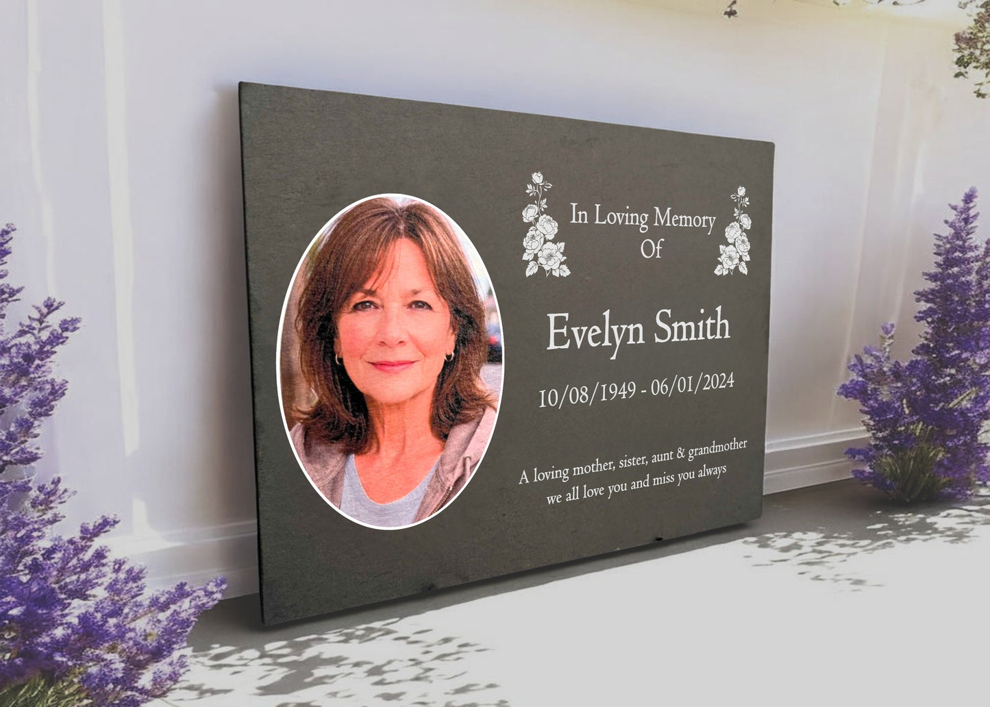 Photo Slate Memorial Plaque, Peony,  Add a Portrait & Personalised Text | 35×25cm (14×10”)