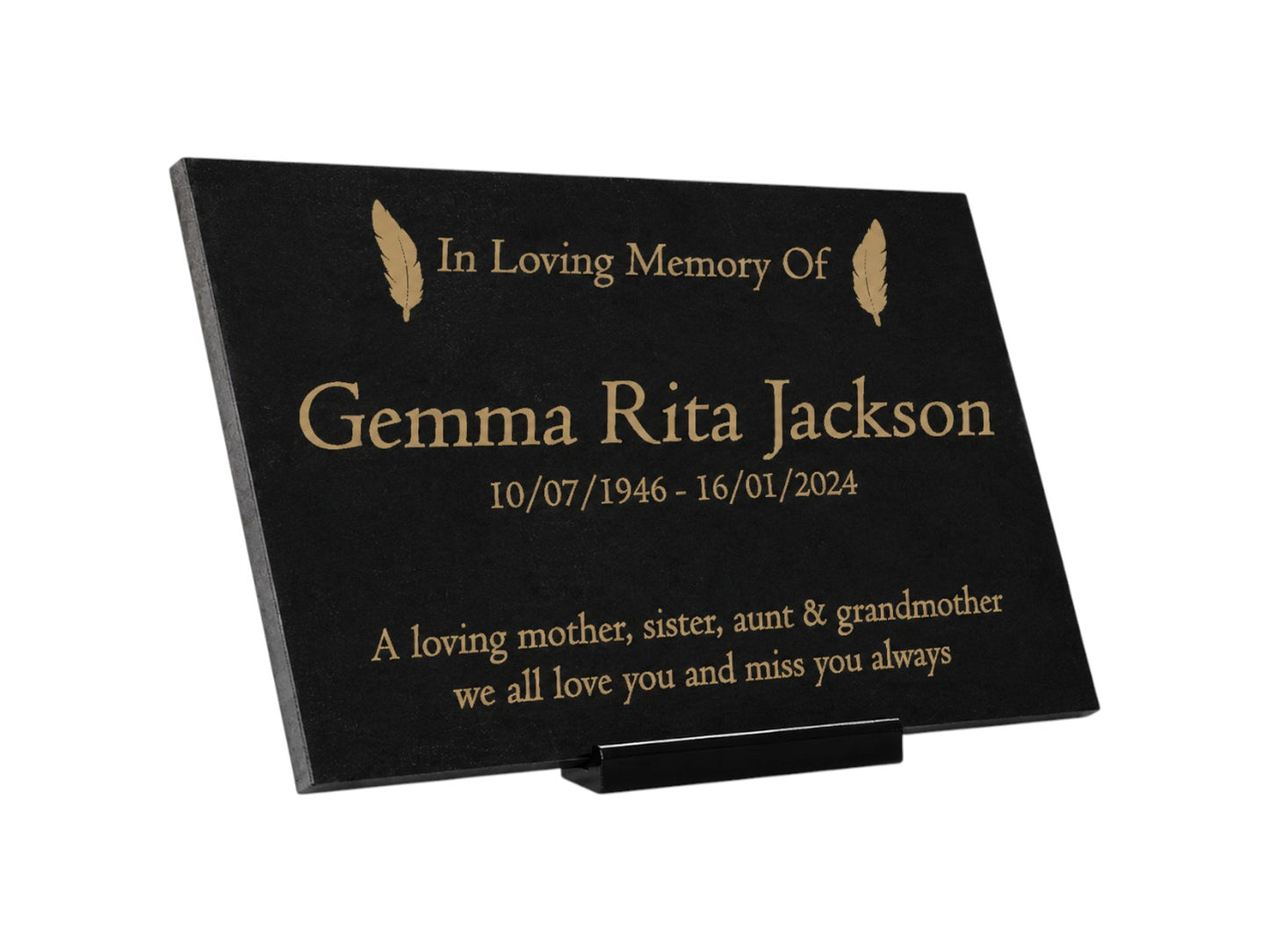Granite Memorial Plaque, Feather, Personalised, Stand Included