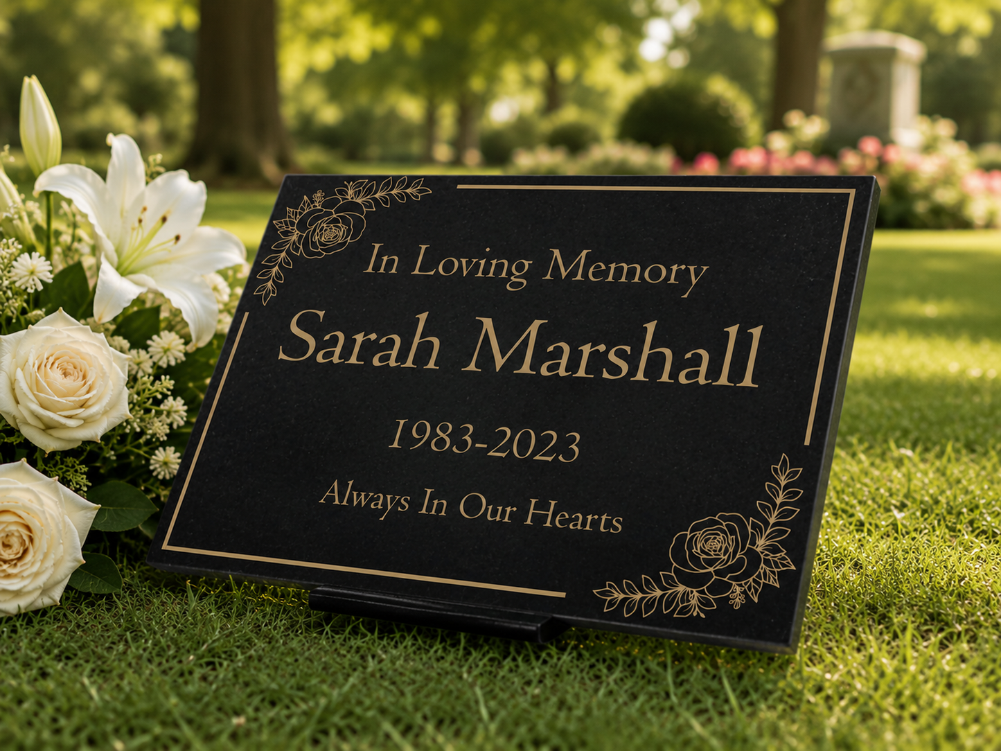 Granite Memorial Plaque, Floral Border Design, Personalised Engraved Tribute